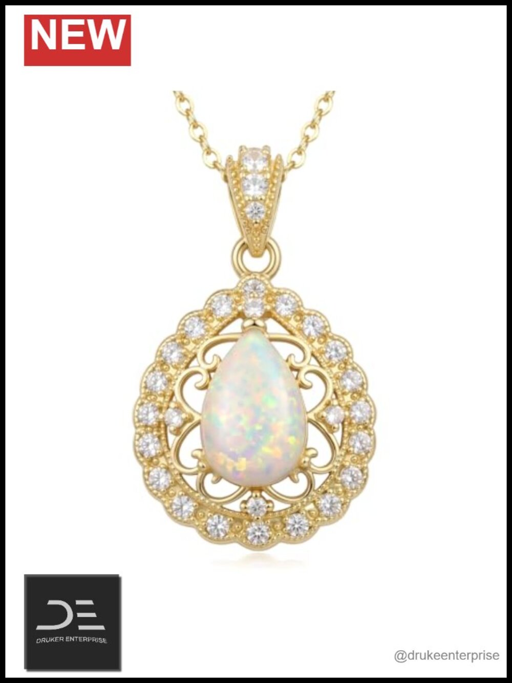 14K Gold Plated Teardrop Opal Filigree Pendant Necklace
